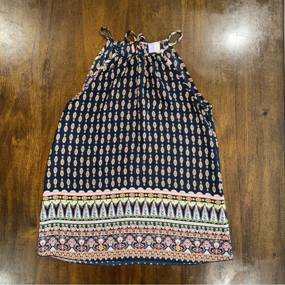 Alya Navy Pink Printed Boho Floral High Neck Tie Back Light Shirt Tank XS